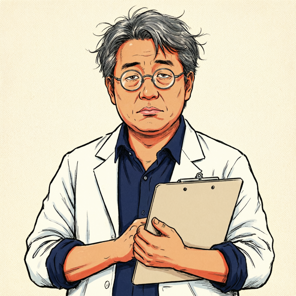 架空の研究報告書に描かれたレトロ漫画調の研究員イラスト