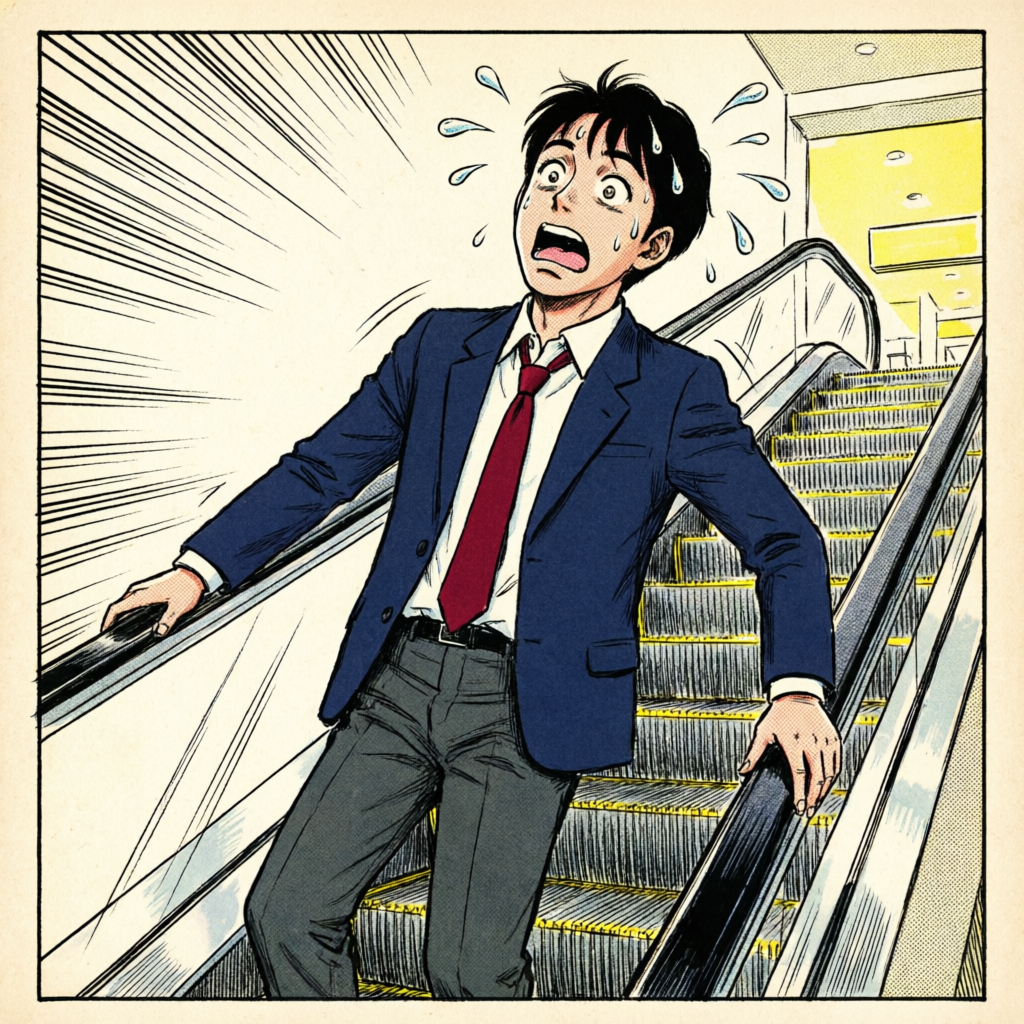 エスカレーターの斜面を題材にした、レトロ研究報告書風のイラスト